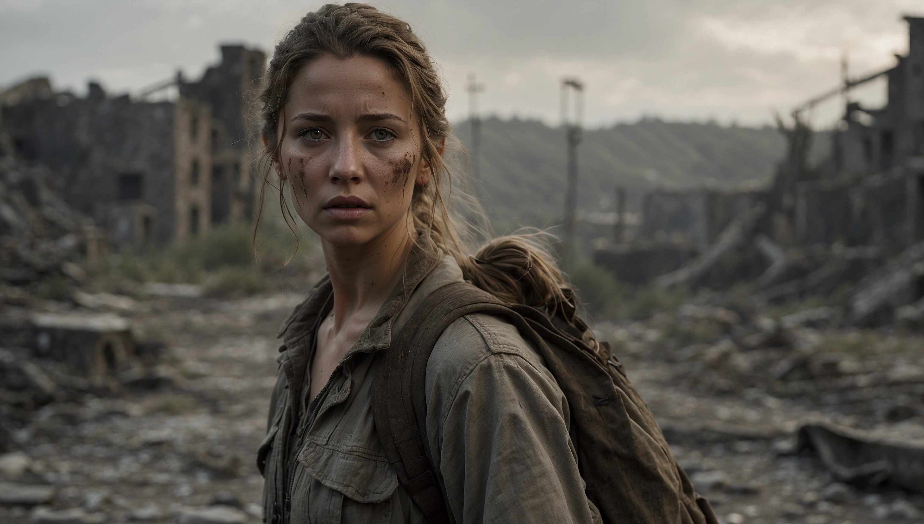 A gritty, post-apocalyptic landscape sets the tone for a suspenseful scene, inspired by the A Quiet Place franchise. In the foreground, Alex, a young woman with determined facial features, stands cautiously, her curly brown hair tied back in a ponytail. She has a slight scar above her left eyebrow and wears a worn-out backpack, with a few scattered supplies attached to it. Her skin has a warm, golden undertone, a testament to her resilience in a desolate world. She