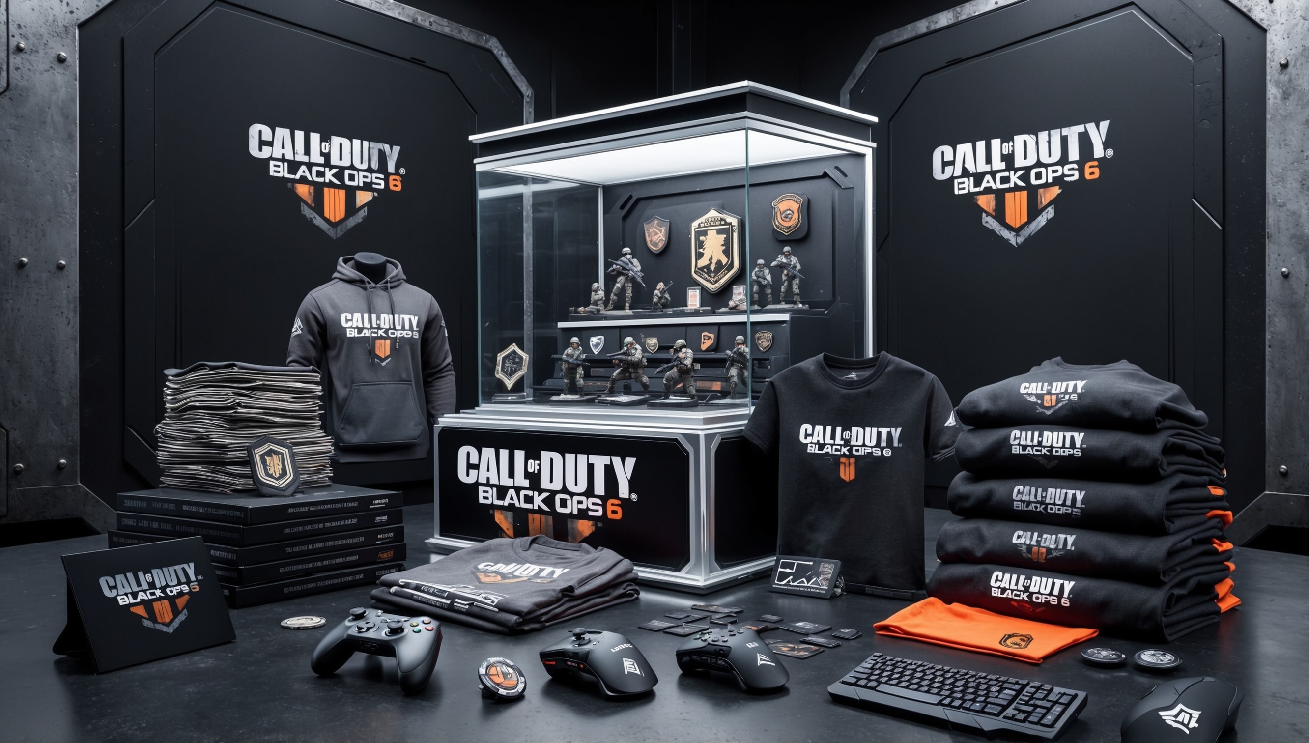 A visually striking merchandise collection for Call of Duty: Black Ops 6, showcasing a diverse range of items against a dark, gritty, and metallic background that echoes the game's military and futuristic aesthetic. The focal point is a central display case with a prominent, sleek, and high-tech design, housing a selection of limited edition collector's items such as figurines, emblems, and badges. Surrounding the case are stacks of merchandise including hoodies, t-shirts, and hats, all adorned with the Call of Duty: Black Ops 6 logo in a bold, metallic silver font with a subtle, weathered effect. Nearby, a collection of gaming peripherals such as controller skins, gaming mice, and keyboards feature the same logo and design elements. The overall color palette is dark and muted, with shades of black, grey, and silver dominating the scene, accented by flashes of red and orange to evoke the game's intense action and excitement.