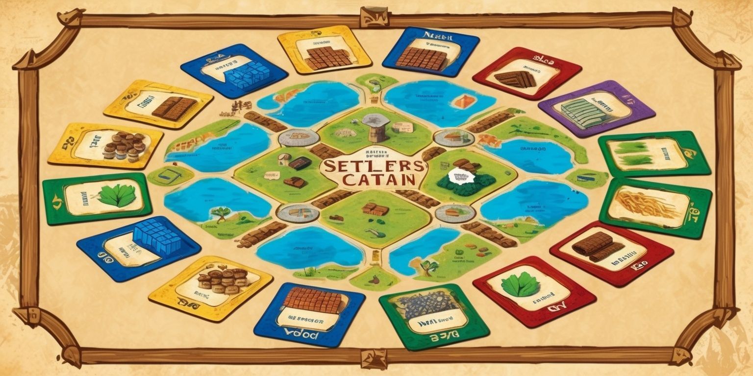 A detailed illustration of the Settlers of Catan card game in full color, featuring a central island with intersecting roads and settlements, surrounded by a framed border with a wooden texture, the cards are spread out around the island showcasing different resources such as brick, wood, sheep, wheat, and ore, each card has a unique design with bold typography and vibrant colors, the background is a warm beige tone with a subtle texture resembling a wooden table, the overall style is reminiscent of a classic board game with medieval-inspired fonts and earthy tones.