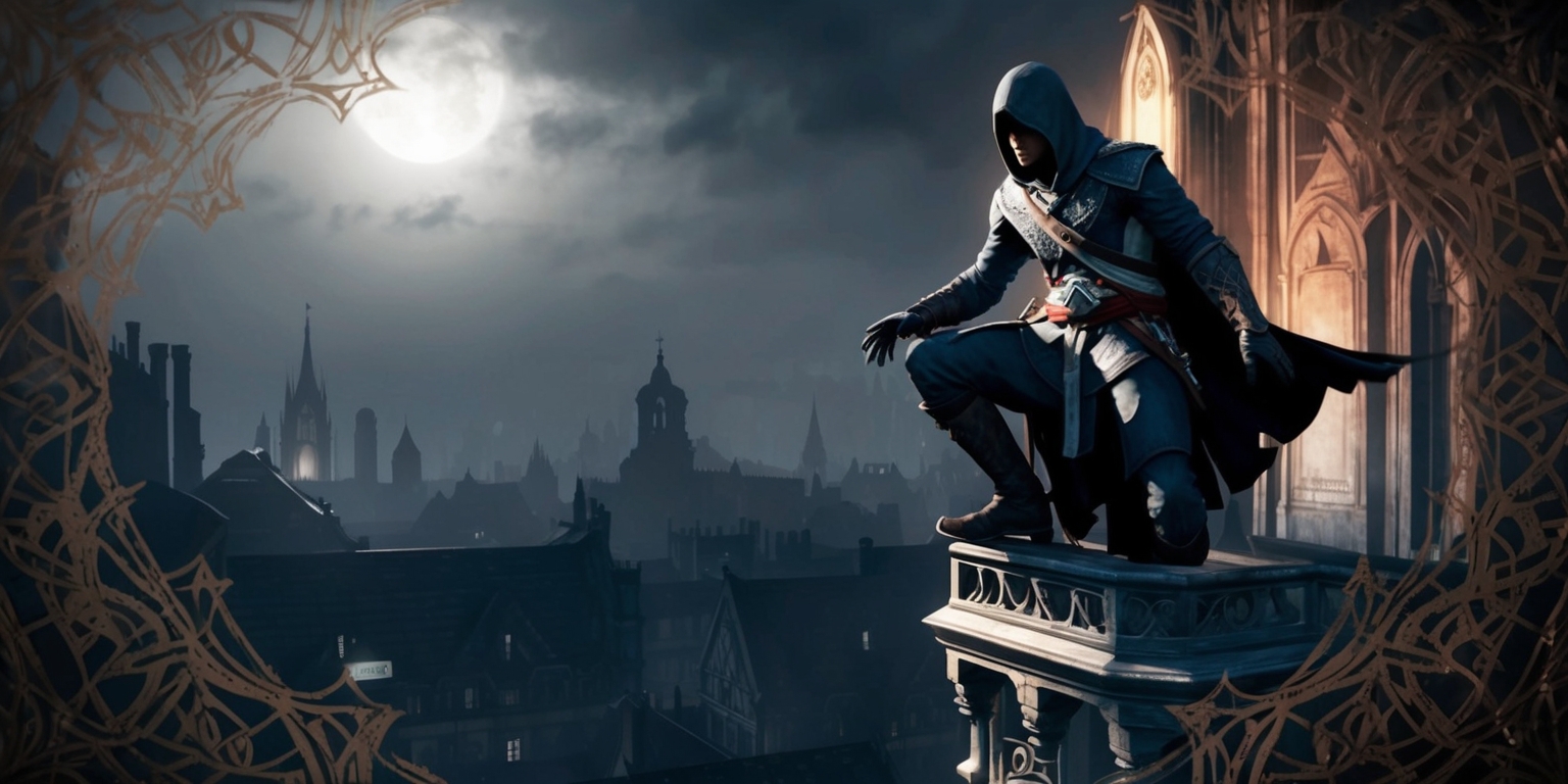 A haunting, moonlit cityscape sets the backdrop for an Assassin's Creed Shadows game illustration, with a lone, hooded figure clad in dark, medieval attire, cloak billowing behind, perched atop a grand, Gothic-style architecture, gazing out over the rooftops, their piercing, determined eyes gleaming in the faint light, a subtle, silver emblem of the Assassin's Creed emblazoned on their chest, surrounded by an intricate, ornate pattern of shadows and silhouetted buildings, with subtle, warm color tones and heavy, atmospheric shading, evoking a sense of mystery, stealth, and ancient conspiracy.