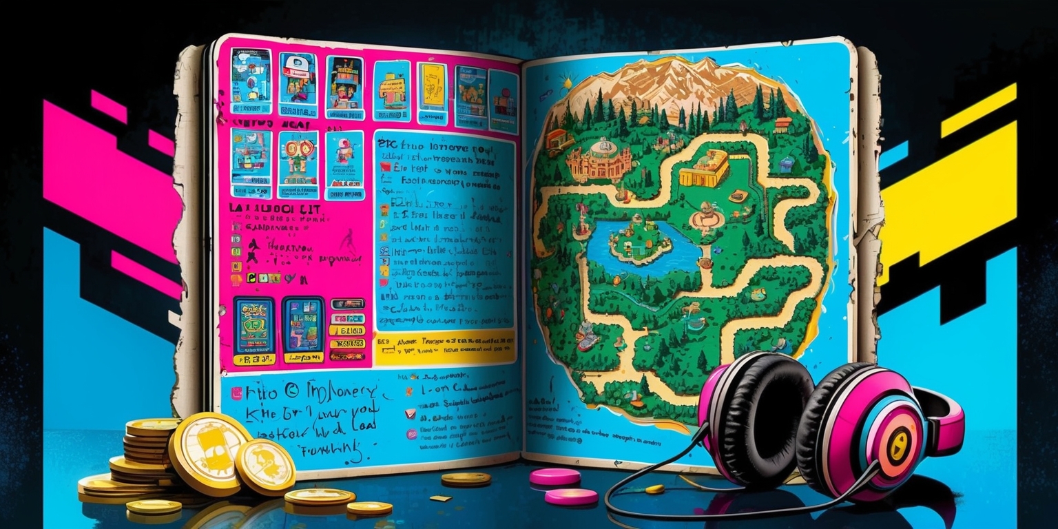 A vibrant, nostalgic illustration of an arcade adventure game guide, featuring a bold, retro color scheme with a dominant palette of neon pink, electric blue, and sunshine yellow, set against a dark background that evokes the nostalgia of an old arcade. The guide is presented in a worn, dog-eared booklet with a glossy cover, adorned with pixel art graphics and illustrations of various arcade characters, power-ups, and level layouts. The booklet is opened to a central page, revealing a sprawling, detailed map of a fantastical world, complete with winding paths, hidden temples, and mysterious forests, accompanied by cryptic instructions and secrets scrawled in a playful, handwritten font. In the foreground, a few retro arcade tokens and a pair of worn, retro-style gaming headphones lie scattered, adding to the sense of nostalgia and adventure.