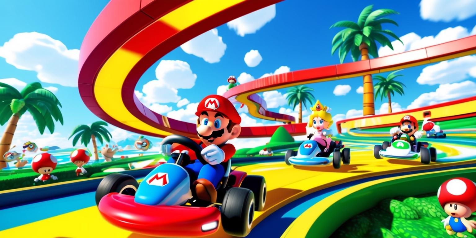 A vibrant, detailed illustration of a futuristic Mario Kart World game scene, set in a bright, sunny day with fluffy white clouds scattered across the sky, featuring Mario, Luigi, and Princess Peach racing their colorful karts on a winding track, surrounded by lush greenery and towering palm trees, with Toads and other characters cheering them on from the sidelines, incorporating bold, curved lines, and dynamic shapes reminiscent of classic video game graphics, with a focus on capturing the sense of speed, excitement, and joy of the Mario Kart experience, using a bold color palette with red, blue, green, and yellow hues, and incorporating subtle texture and shading to give the image depth and dimensionality.