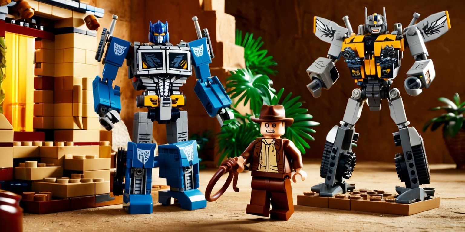 Indiana Jones and Transformers Lego sets are meticulously crafted with intricate details, vibrant colors, and interactive features, showcasing iconic characters like Optimus Prime and Bumblebee, alongside Indiana Jones navigating an ancient temple, with a focal point on the meticulous craftsmanship, nostalgic appeal, and collectibility of these Lego sets, highlighting the textured stones, lush greenery, and warm lighting of the temple, with Optimus Prime and Bumblebee standing proudly, their metallic surfaces glistening, and Indiana Jones, with his worn leather jacket and fedora, grasping his trusty whip, set against a backdrop of earthy tones, with the Lego sets arranged in a visually appealing layout, inviting collectors to relive their favorite cinematic moments.