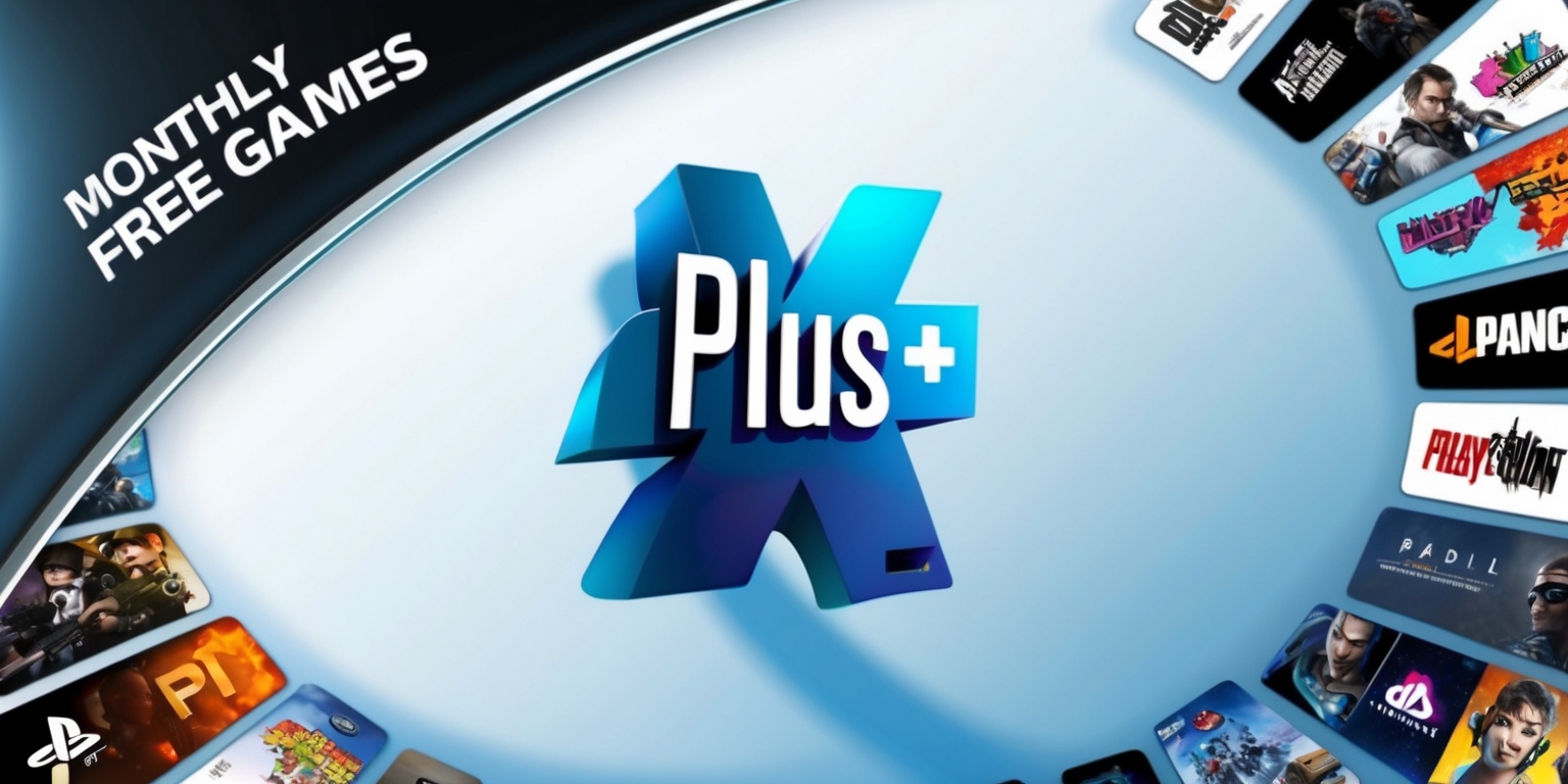 A vibrant, digitally illustrated promotional image featuring a stylized representation of the PlayStation Plus logo, prominently displayed in the center, with a metallic sheen and a subtle gradient effect. Surrounding the logo, a curated selection of diverse, popular video games are showcased, with bold, colorful cover art and concise game titles in a modern, sans-serif font. The background is a soft, deep blue, evoking a sense of excitement and community. The overall design is clean, balanced, and visually appealing, with ample negative space to create a sense of sophistication. In the top-left corner, a subtle, curved banner with a metallic finish displays the text Monthly Free Games in a bold, white font, with a slight shadow effect to add depth.
