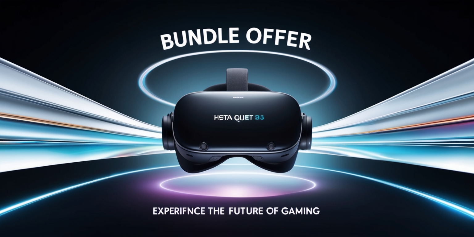 A modern, high-contrast advertisement image featuring a sleek, futuristic-looking Meta Quest 3S virtual reality headset in the center, surrounded by colorful, curved lines and shapes evoking a sense of speed and innovation, against a dark blue or black background that gradates to a light blue glow at the top, with bold, metallic silver font stating Bundle Offer in a curved line above the headset, and a smaller, white tagline Experience the Future of Gaming written in a clean, sans-serif font at the bottom, with a subtle, shimmering effect on the headset's surface to convey a sense of luxury and advanced technology, and a faint, circular glow around the headset to imply immersion and limitless possibilities.