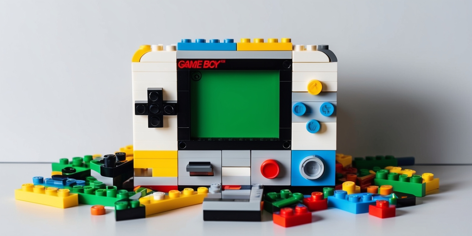 A highly detailed and intricately built Lego set of a classic Nintendo Game Boy handheld console, featuring a colorful and vibrant color scheme, with a bright gray and black body, iconic green screen, and buttons in shades of red, yellow, blue, and green, all constructed from small, precision-cut Lego bricks and plates, arranged in a dynamic and visually appealing composition, with the Lego Game Boy unit placed on a white or light gray background, surrounded by Lego bricks and pieces in various shapes and colors, capturing the nostalgic charm of the original retro gaming device in a whimsical and playful miniature form.