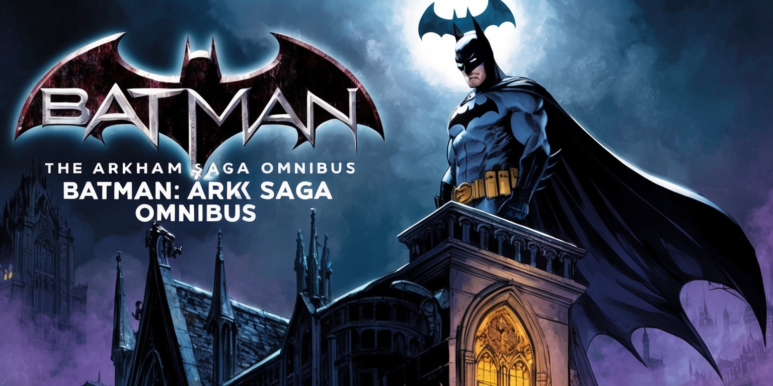 A highly detailed, intricately illustrated, and vibrant cover art for the Batman: The Arkham Saga Omnibus comic, featuring a hauntingly lit, misty Gotham Cityscape at dusk, with the iconic Bat-Signal shining bright in the dark sky, as Batman, dressed in his sleek, dark grey and black suit, cape flowing behind him, stands heroically atop a Gothic-style gargoyle-adorned building, looking out over the city, his facial features strong, determined, and intense, with a hint of mystery, his eyes gleaming with a fierce inner light, against a backdrop of deep blues, purples, and greys, with hints of gold and orange, evoking a sense of gritty realism and atmospheric tension, the title Batman: The Arkham Saga Omnibus emblazoned across the top in bold, metallic lettering, with the tagline Delve into the darkness etched in smaller text at the bottom, in a flowing, cursive script.