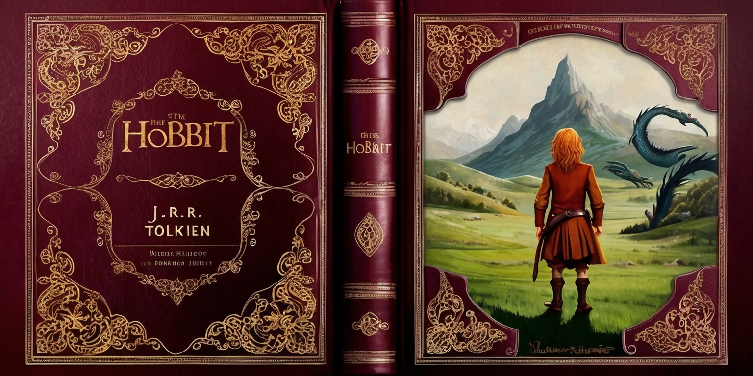 A lavishly designed, leather-bound Deluxe Illustrated Edition of The Hobbit book, adorned with intricate, golden filigree patterns and ornate typography, set against a rich, velvet burgundy background, with a subtle, debossed Middle-earth map embossed on the cover, surrounded by ornate, curved borders, and featuring a stunning, full-color illustration of Bilbo Baggins standing in front of the Lonely Mountain, with Smaug the Dragon looming in the background, rendered in a warm, nostalgic style reminiscent of classic fantasy literature, with the title and author's name, J.R.R. Tolkien, prominently displayed in bold, cursive script, with subtle, shimmering silver accents and a delicate, raised spine, evoking a sense of luxury and sophistication.