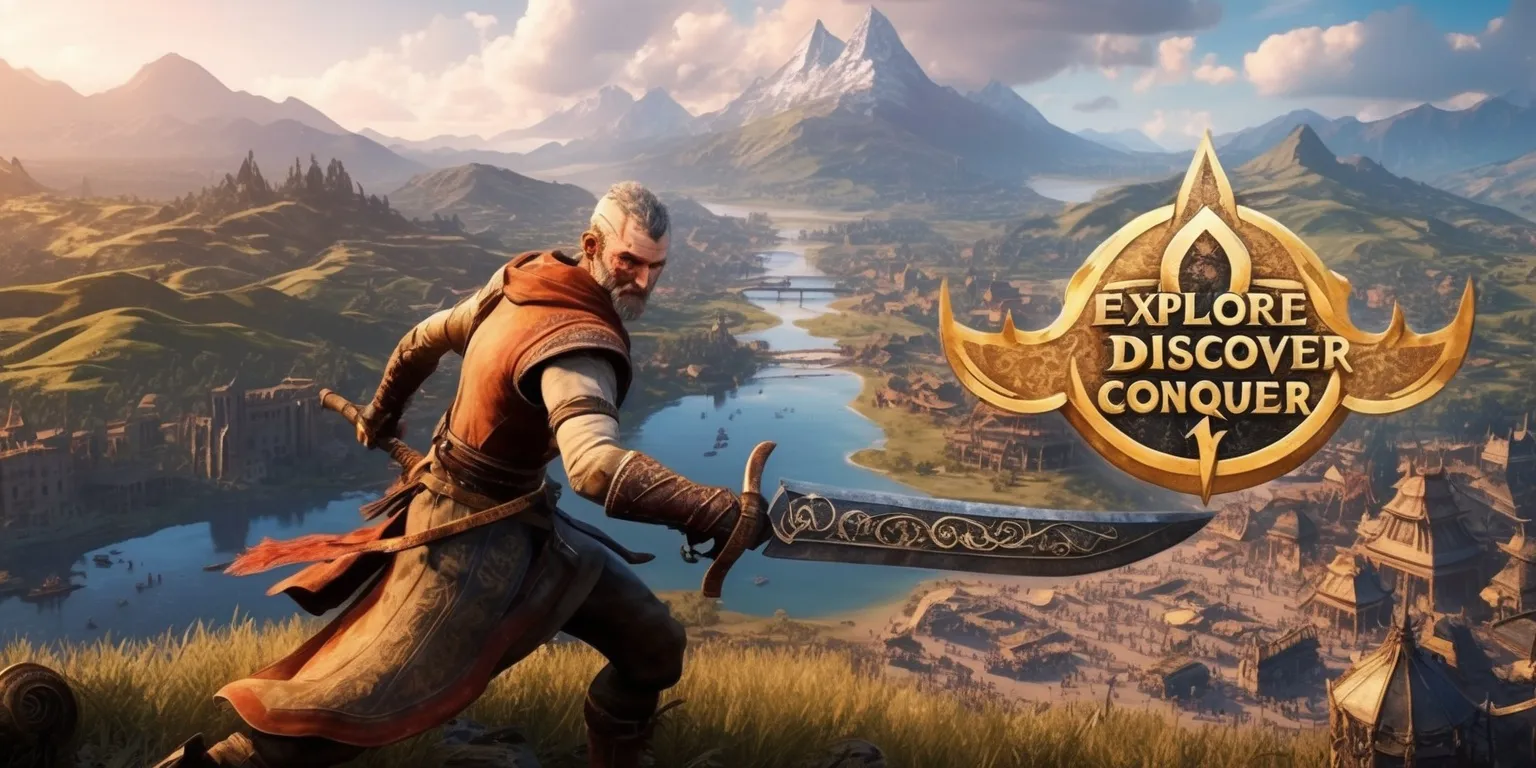 A vast open-world environment with intricate details and breathtaking landscapes, set in a fantastical realm with rolling hills, majestic mountains, and serene water bodies, featuring a heroic figure with distinctive facial features, weathered skin, and unique attire, wielding an ancient sword with intricate designs, surrounded by a sprawling cityscape with ornate architecture, bustling markets, and mysterious artifacts, with a warm color palette and soft lighting, blending fantasy and adventure elements, as the heroic figure embarks on a perilous quest, with the game's logo prominently displayed in a bold, golden font, with the tagline Explore, Discover, Conquer written in a curved line above the logo, in a stunning visual representation of an expansive open-world action-adventure game.